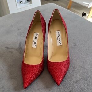 Jimmy Choo Red Glitter Pointed-Toe Stiletto Pumps